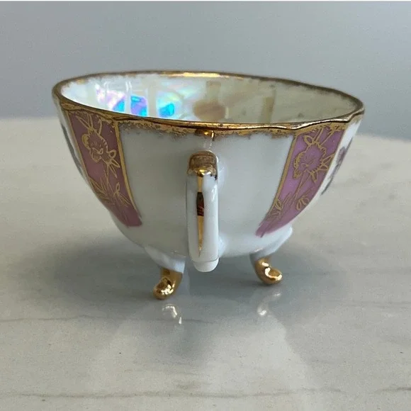 Vtg Pink Lusterware Footed Teacup Saucer Floral Gold Rim Tea Cup Iridescent - Picture 7 of 13